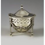 Walker and Hall, Birmingham 1911, a George V silver mustard pot, the hemispherical bowl supported on