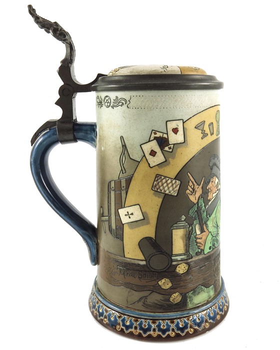 Heinrich Schlitt for Mettlach, Villeroy and Boch, a half litre stein, incised with a tavern scene an - Image 2 of 7