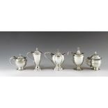 Five English silver mustard pots, with date marks from 1902 to 1920, various makers, Chester, Birmin