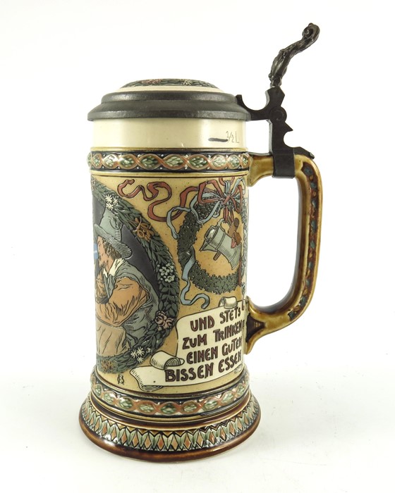 Fritz Quidenus for Mettlach, Villeroy and Boch, a half litre stein, incised tavern waitress scene - Image 10 of 12