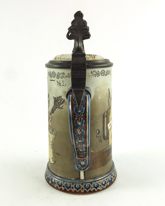 Heinrich Schlitt for Mettlach, Villeroy and Boch, a half litre stein, incised with a tavern scene an - Image 5 of 7