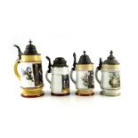 Four German porcelain litre and half litre steins