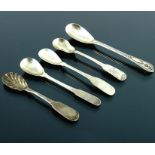 Five George III and IV Irish silver mustard spoons