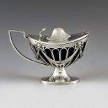 Henry Greaves, London 1903, an Edwardian silver mustard pot, Neoclassical pedestal boat form, open w