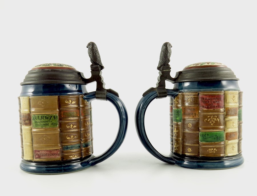 Mettlach, Villeroy and Boch, two half litre book steins, incised and relief moulded Natural Sciences - Image 4 of 9