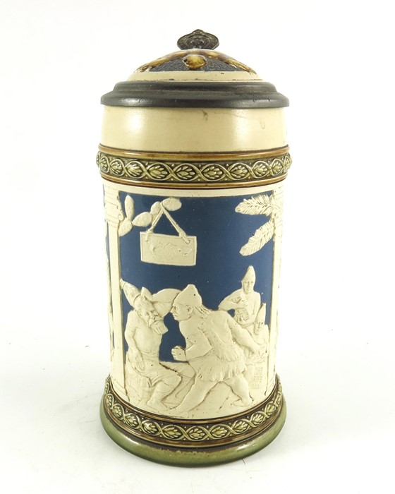 Johann Baptist Stahl for Mettlach, Villeroy and Boch, a half litre stein, relief moulded in the Blac - Image 3 of 7