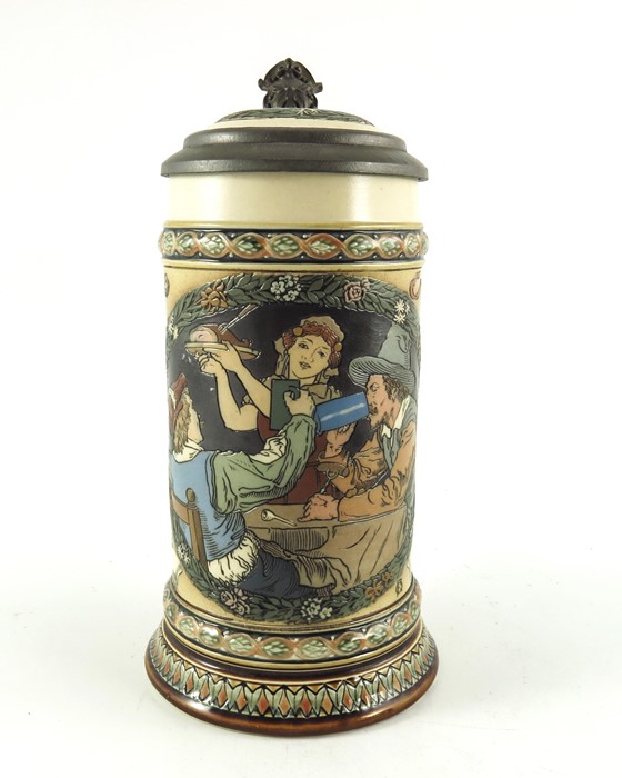 Fritz Quidenus for Mettlach, Villeroy and Boch, a half litre stein, incised tavern waitress scene - Image 9 of 12