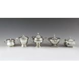 Five English silver mustard pots, 1908 - 1936, various makers, Chester, Birmingham & Sheffield, the