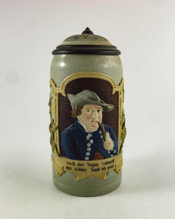 Mettlach, Villeroy and Boch, a litre stein, relief and tapestry moulded man smoking a pipe