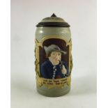 Mettlach, Villeroy and Boch, a litre stein, relief and tapestry moulded man smoking a pipe