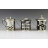 Three American silver mustard pots, including Gorham, Wilcox and Webster, circa 1900-1930, cylindirc