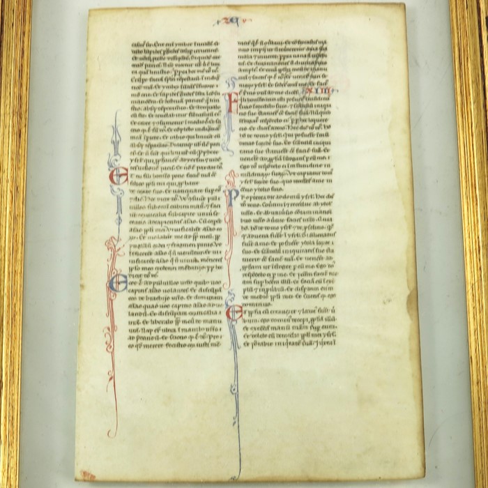 Two double sided Medieval vellum illuminated manuscript pages, 14th century - Image 2 of 6