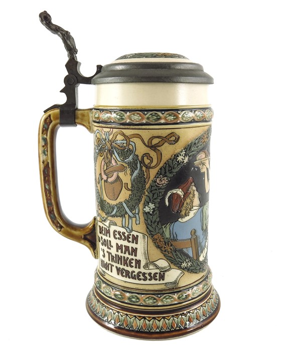 Fritz Quidenus for Mettlach, Villeroy and Boch, a half litre stein, incised tavern waitress scene - Image 2 of 12