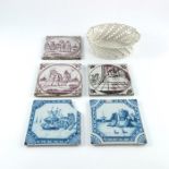 A Collection of five assorted English Delftware tiles, mid 18th century, three decorated in puce