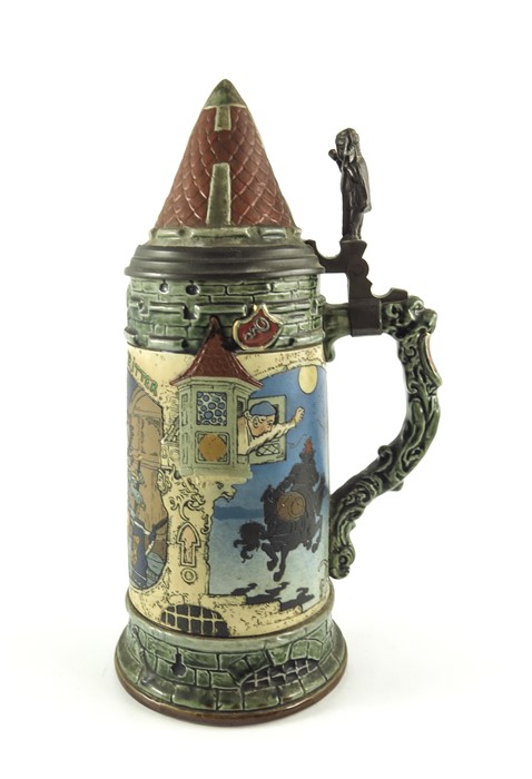 Heinrich Schlitt for Mettlach, Villeroy and Boch, a litre stein, incised Thirsty Knight