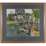 Bernard Dufour (1922-2016), Townscape and River Scene, mixed media, signed, 36cm x 44cm, framed