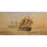 Richmond Markes (act.1890-1920), HMS St Vincent Off Dover, watercolour, labelled on mount, 10cm x 20