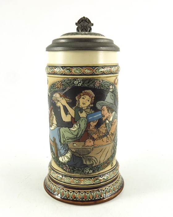 Fritz Quidenus for Mettlach, Villeroy and Boch, a half litre stein, incised tavern waitress scene - Image 3 of 12