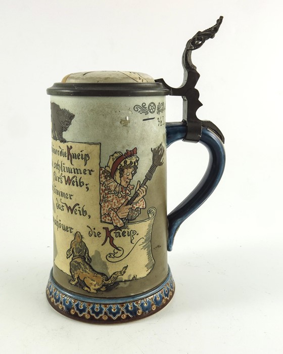 Heinrich Schlitt for Mettlach, Villeroy and Boch, a half litre stein, incised with a tavern scene an - Image 4 of 7