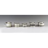 Five English silver mustard pots, with date marks from 1903 to 1919, various makers, Birmingham & Ch