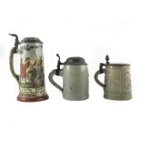 Three half litre steins including Hauber & Reuther, relief moulded and incised decoration including