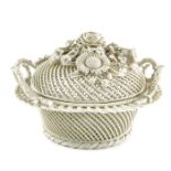 Belleek second period three strand woven round basket and cover,