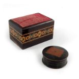A Tunbridge ware pin cushion and a Tartan Ware patch box with printed stamp to the lid