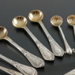 Three sets of Victorian silver sat spoons and a pair of Elizabeth II silver salt spoons