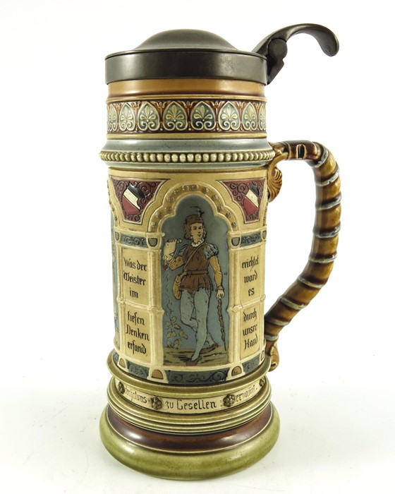 Mettlach, Villeroy and Boch, a half litre stein, incised four panels of apprentice journeyman and ma - Image 4 of 7
