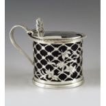Nathan and Hayes, Chester 1908, an Edwardian silver mustard pot, cylindrical form, reticulated trell
