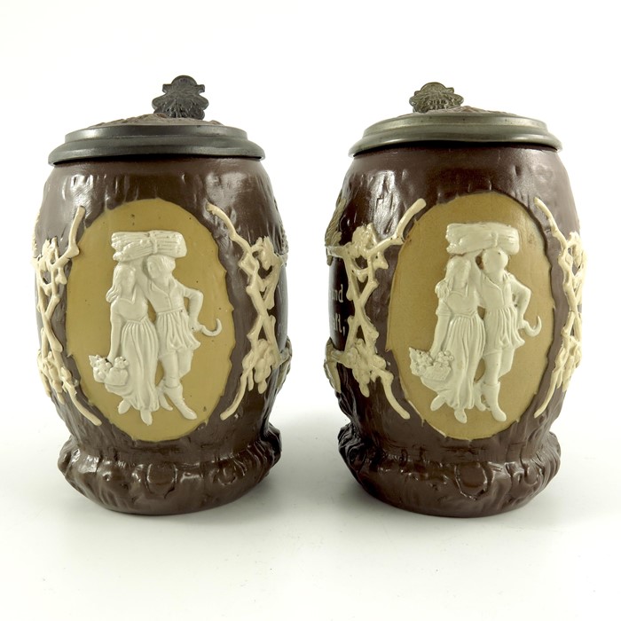Mettlach, Villeroy and Boch, a pair of half litre steins, relief moulded and applied tree stump and - Image 5 of 7