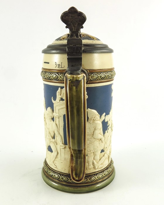 Johann Baptist Stahl for Mettlach, Villeroy and Boch, a half litre stein, relief moulded in the Blac - Image 5 of 7