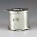 F J C Ingram, London 1961, a Modernist silver mustard pot, planished cylindrical form on hexagonal p