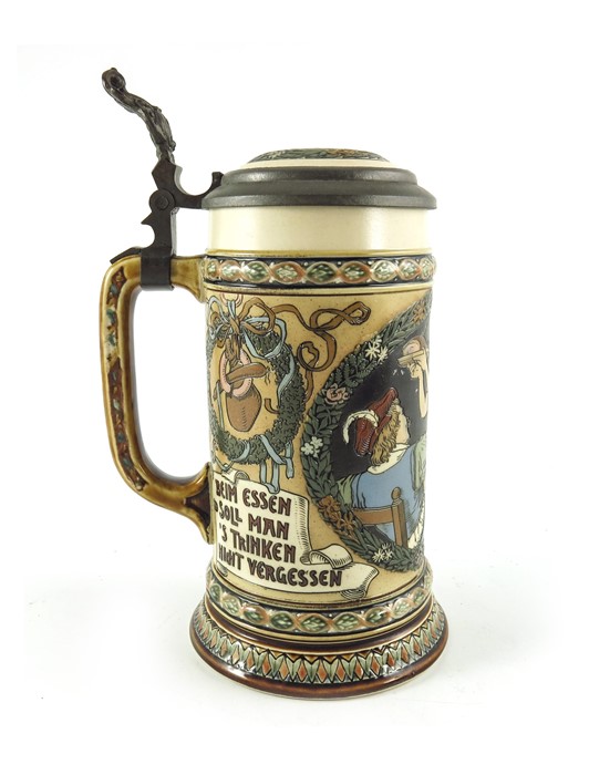 Fritz Quidenus for Mettlach, Villeroy and Boch, a half litre stein, incised tavern waitress scene
