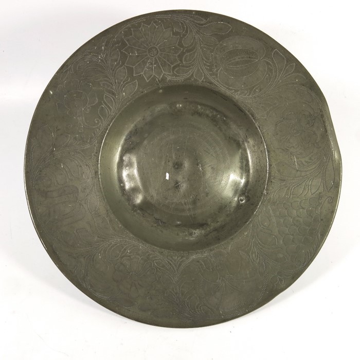 A James II pewter broad rimmed dish