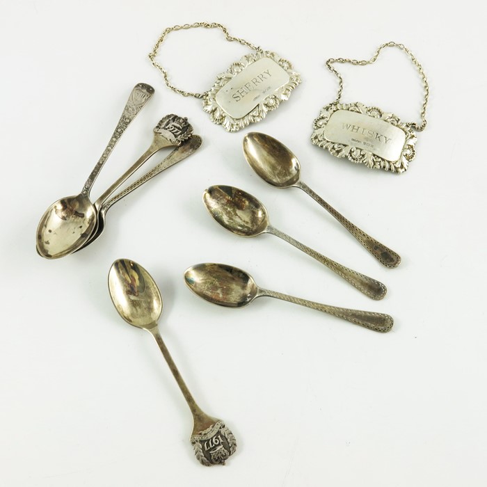 George V and later silver including teaspoons and wine labels
