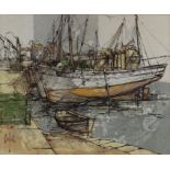 Bernard Dufour (1922-2016), Moored Fishing Boats, mixed media, signed, 36cm x 44cm, framed
