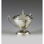 R F Moseley, Sheffield 1909, an Edwardian silver mustard pot, in the Art Nouveau style, three handle