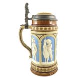 Mettlach, Villeroy and Boch, a litre stein, relief moulded cavaliers in four panels