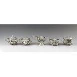 Five English silver mustard pots, Edwardian with date marks from 1901 to 1905, various makers, Londo