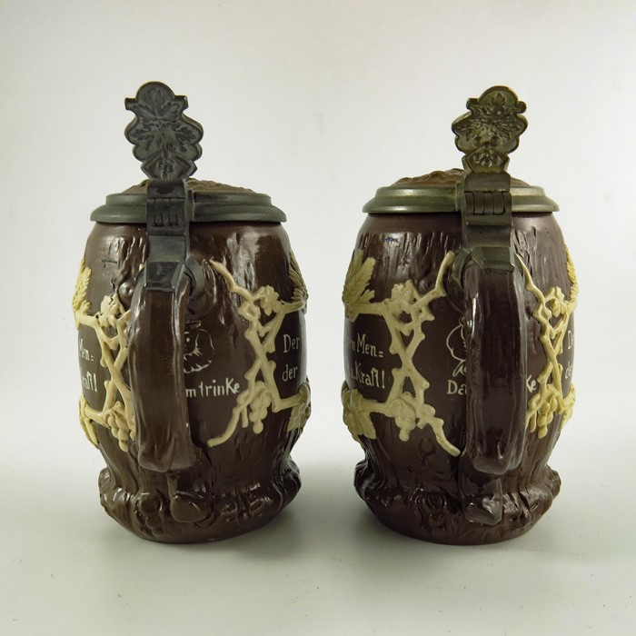 Mettlach, Villeroy and Boch, a pair of half litre steins, relief moulded and applied tree stump and - Image 3 of 7