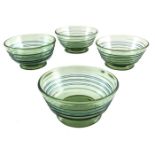 Barnaby Powell and Tom Hill for James Powell, Whitefriars, set of four blue trailed sea green bowls