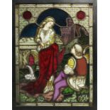 PreRaphaelite School, a stained glass panel of Lancelot Serenading Guinevere at Arthur's Tomb