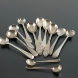 Victorian and later silver condiment spoons, including a set of four Bright Cut Irish Point
