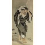 Chinese School, man with a toad, ink and bodycolour on fabric scroll
