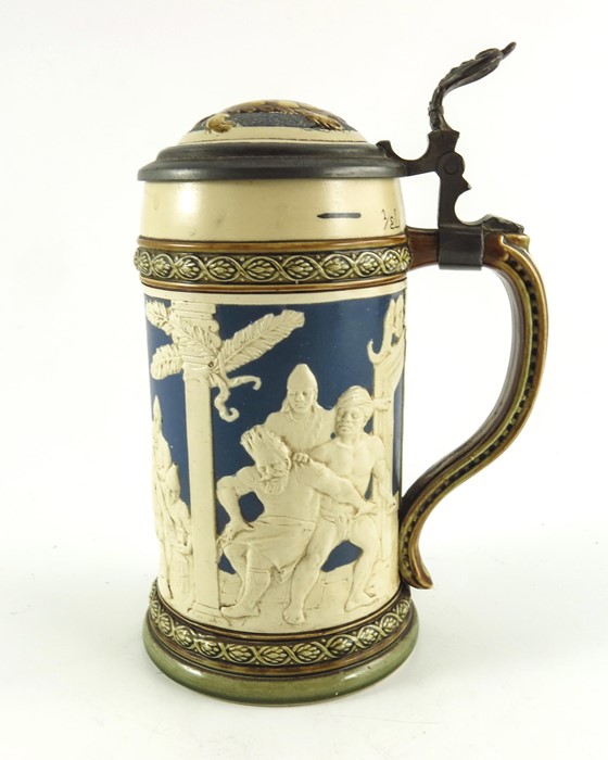 Johann Baptist Stahl for Mettlach, Villeroy and Boch, a half litre stein, relief moulded in the Blac - Image 4 of 7