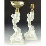 A pair of Art Deco frosted glass figural candlesticks converted to lamps