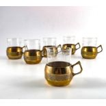 WMF, a set of six Jugendstil brass and pewter inlaid glass holders with etched glasses