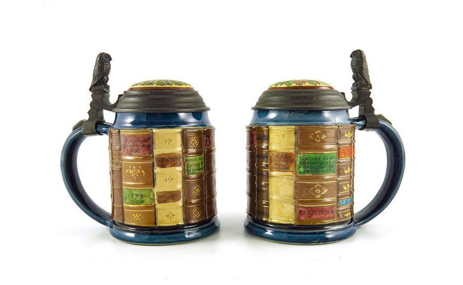 Mettlach, Villeroy and Boch, two half litre book steins, incised and relief moulded Natural Sciences