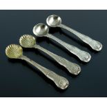 Two pairs of George III and IV silver salt spoons